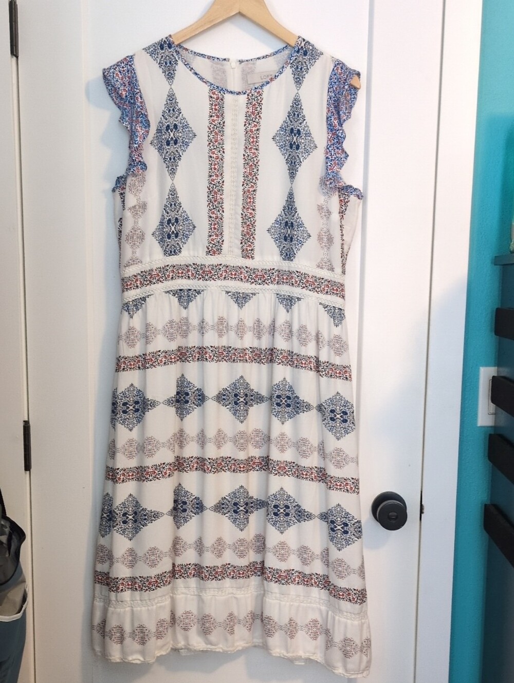 LOFT White Midi Dress with Blue & Red Print